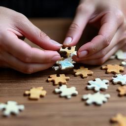 Hands assembling pieces of a complex puzzle.