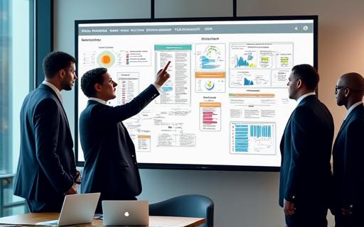 A group of executives collaborating around a whiteboard with strategy charts.